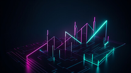 Create a stock image with an abstract minimalist geometric background, three neon arrows, and a linear rising chart, ending with a focal point.