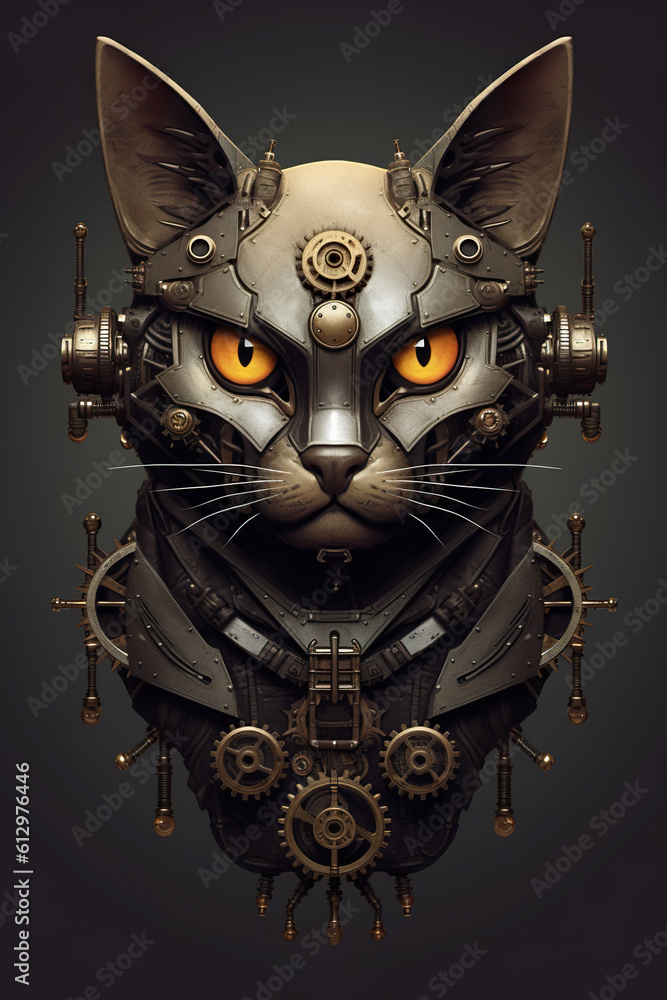 Aufkleber a close up of a cat's head with gears on it. generative ai.