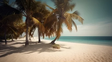 Foto op Aluminium Palmy Trees Frame a Sandy Beach, Where the Sun Meets the Azure Sea in a Breathtaking Display © Ranya Art Studio
