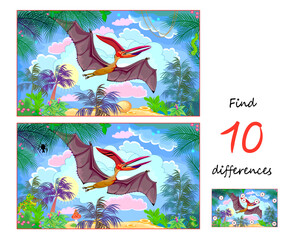Find 10 differences. Illustration of a pterodactyl flying in prehistoric jungle. Logic puzzle game for children and adults. Page for kids brain teaser book. Developing to count. Vector drawing. © nataljacernecka