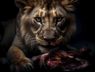 Obraz na płótnie Canvas closeup of a male lion eating the flesh of his prey - generative ai