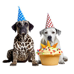 Cute dogs with party hats sitting behind a birthday cake isolated on a transparant background, clipart for printing and presentations