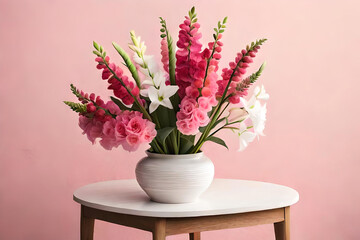 Snapdragon vase arrangement on a light pink background