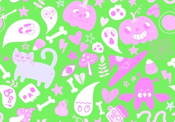 Cartoon Halloween seamless pumpkins and skulls and ghost and cat pattern for wrapping paper and fabrics