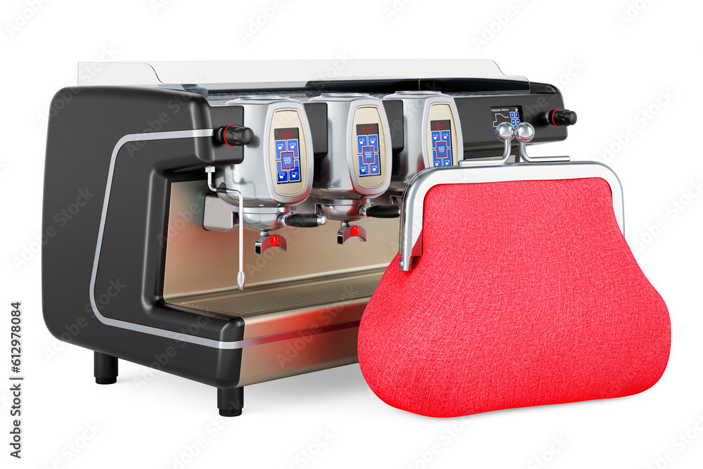 Poster espresso coffee machine professional with coin purse. 3d rendering