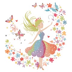 Enchanted garden symphony, colorful clipart of cute fairies with enchanted wings and harmonious garden flowers