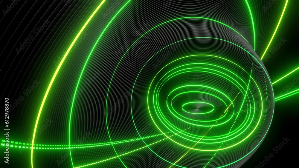 Poster 3d render. abstract geometric bg with rings form complex twisted spiral and light effects. rings fla