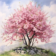 watercolor cherry pink tree in bloom on a hill