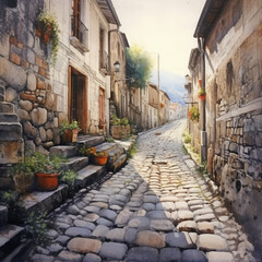 Fototapeta na wymiar watercolor cobble-stoned narrow street in old town
