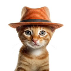 Kitten wearing a brown hat isolated on a transparant background, clipart for printing and presentations