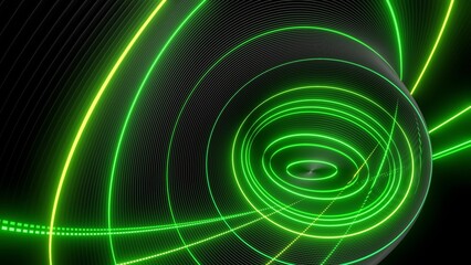 3d render. Abstract geometric bg with rings form complex twisted spiral and light effects. Rings flash neon green lights. Neon ring bulbs for show or events, festivals or concerts