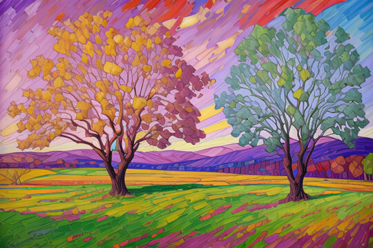 A painting of two trees in a field, an oil painting, deviantart, fauvism, fauvism, rich color palette, impressionism, AI
