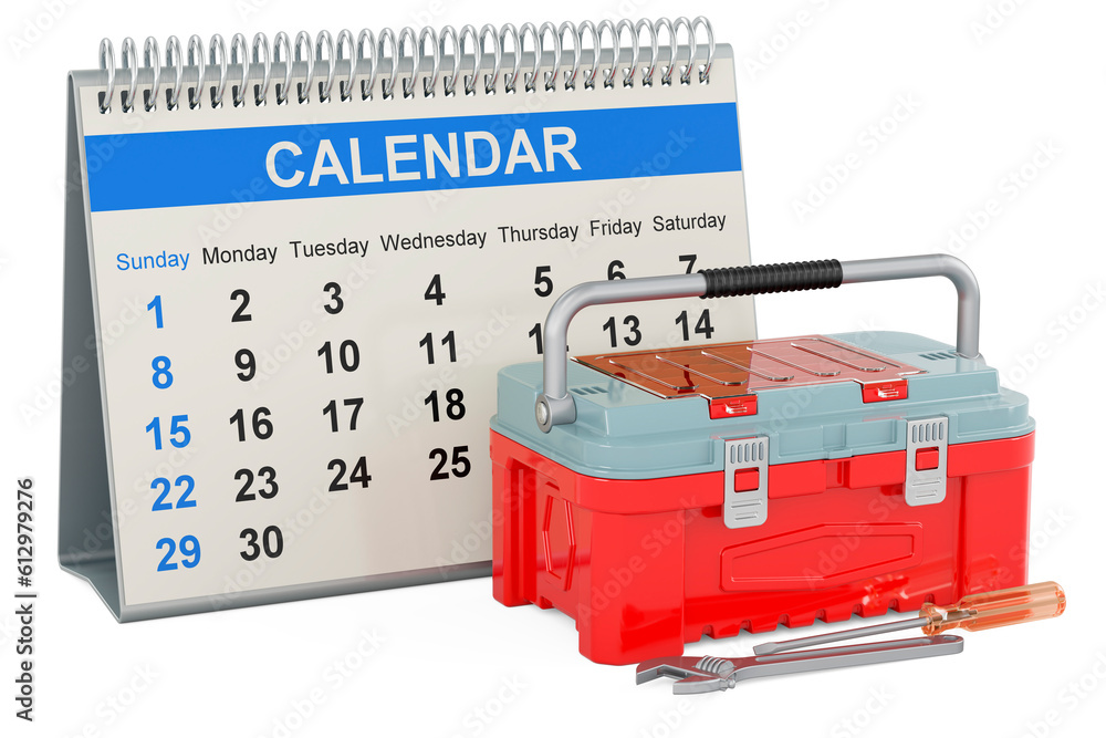 Aufkleber toolbox with desk calendar, 3d rendering