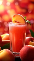 Fototapeta premium Close up of a Glass of Juice of Peach, Tropical and Exotic Athmosphere, Studio Photography, Commercial Shot. Generative AI.