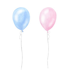 Set of two blue pink balloons twins boy girl kids birthday surprise. Hand drawn watercolor illustration isolated on white background. For gender reveal party, baby shower, children's design, newborn