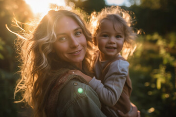 A beautiful mother holding her young daughter in golden summer evening light