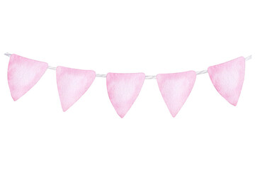 Pink flags for girl kids room. Hand drawn watercolor illustration isolated on white background. For gender reveal party, baby shower, children's design, newborn products