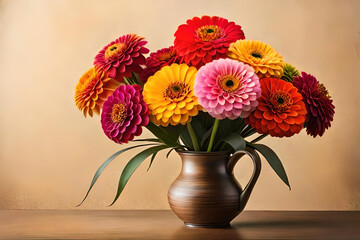 Zinnia bouquet in a vase on a beige background