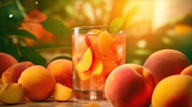 Close up of a Glass of Juice of Peach, Tropical and Exotic Athmosphere, Studio Photography, Commercial Shot. Generative AI.