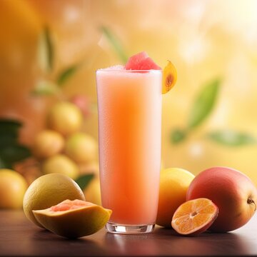 Close up of a Glass of Juice of Peach, Tropical and Exotic Athmosphere, Studio Photography, Commercial Shot. Generative AI.