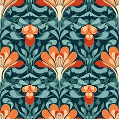 Decorative flowers and leaves in art nouveau style, vintage, old, retro style. Seamless pattern, background. AI generated pattern