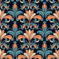 Fototapeta na wymiar Decorative flowers and leaves in art nouveau style, vintage, old, retro style. Seamless pattern, background. AI generated pattern