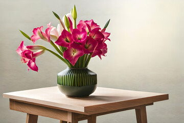 Gladiolus vase arrangement on an off-white background