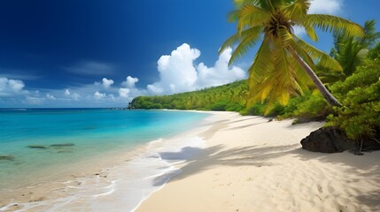 Coastal reverie, scenic tropical beach, swaying trees, and calm seaside serenity