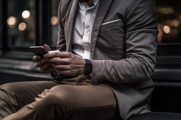  Midsection of well dressed businessman using smartphone