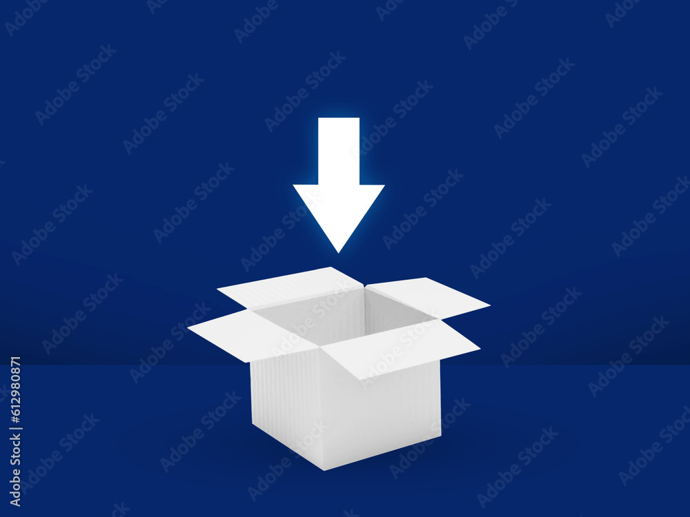 Poster downloading box shape 3d rendered on an isolated blue backdrop with arrow and white box