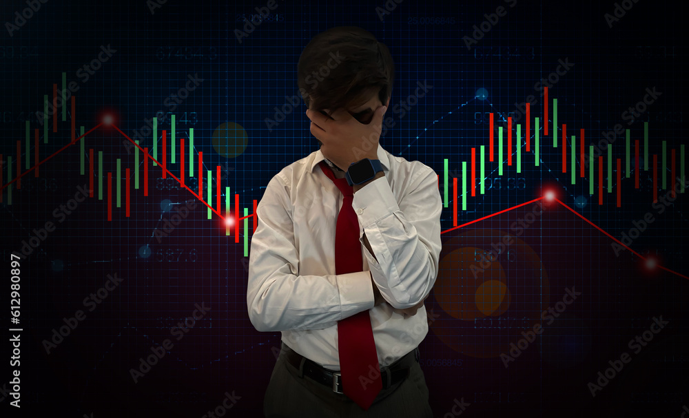 Poster depressed man standing in front of stock market graph which is crashing in the backdrop. stock marke