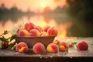 Many Wet Peaches on a surface, Water bubbles, Professional Color Grading, Cinematic & Commercial Shot. Generative AI.
