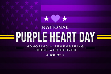 National Purple heart day background design with heart shape and American flag in the backdrop.August 7 is observed to remember and honor those who served in the battlefield