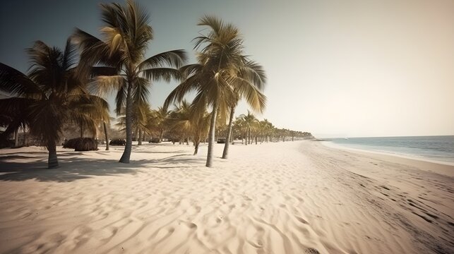 Palmy Trees Embrace a Sandy Beach, Basking in the Warmth of the Sun's Radiance