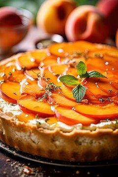View of a Pie made of Peaches, Vivid Colors, Studio Photography, Commercial Shot. Generative AI.