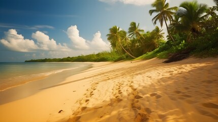 Fototapeta na wymiar Coastal reverie, scenic tropical beach, swaying trees, and calm seaside serenity