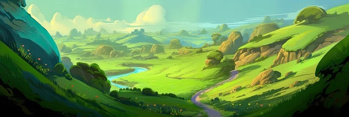 Fotobehang Digital painting: Green Hill Zone comes to life with vibrant hues and pixel perfection. © Photo And Art Panda
