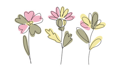 Minimalist one line flower set, pastel Outline plants collection, vector throne and daisy