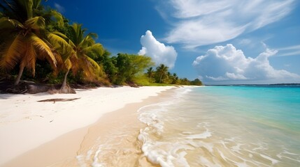 Tropical fantasy, exquisite sandy beach, lush palm trees, and dreamy ocean vistas