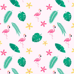 Seamless pattern with flamingos, leaves and flowers.
