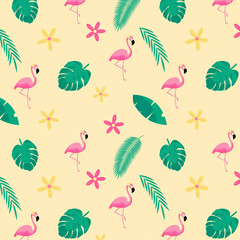 Seamless pattern with flamingos, leaves and flowers.