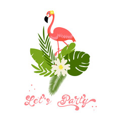 Illustration of flamingo bird with exotic leaves.