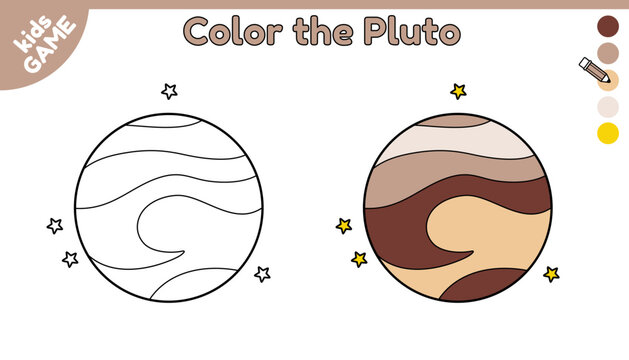 Page of coloring book for kids. Color cartoon the Pluto in space. Outline planet of solar system. Activity for preschool and school children. Black and white and colorful illustration. Vector design.