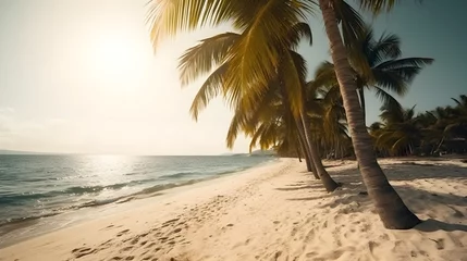 Gordijnen Palmy Trees and a Sandy Beach Provide a Refreshing Escape © Ranya Art Studio