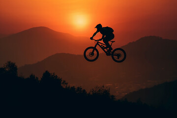 Obraz premium A man flying through the air while riding a bike. AI generative
