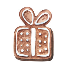 Set of gingerbread cookie in shape of present.Watercolor hand painted illustration isolated on white background. For design, packaging, print.