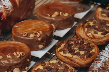 Close-up of fresh and beautiful french pastries in a bakery showcase