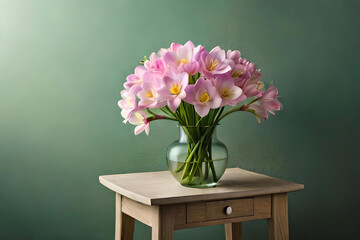 Freesia arrangement in a vase on a light green background