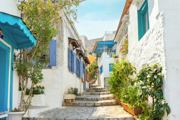 Naklejka premium Narrow street in old european town in summer sunny day. Beautiful scenic old ancient white houses, cafe and shops with pink flowers. Popular tourist vacation destination, mediterranean architecture