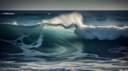 Coastal serenity, awe-inspiring ocean waves, ethereal clouds, and delicate foam